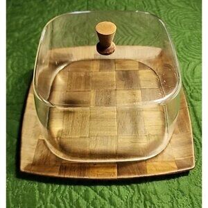 Vintage Weavewood Cheese Tray With Clear Lucite Dome Lid MCM Kitchen Decor USA